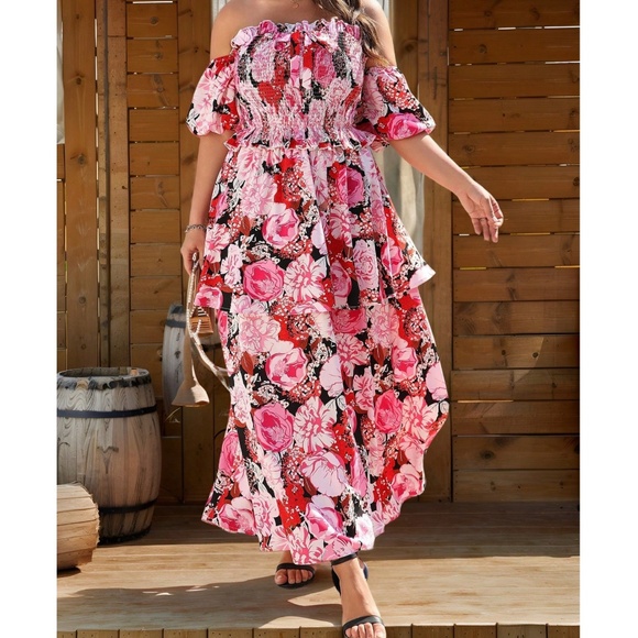 Plus Boho Floral Print Off Shoulder Shirred Top Maxi Skirt Set - Picture 2 of 3